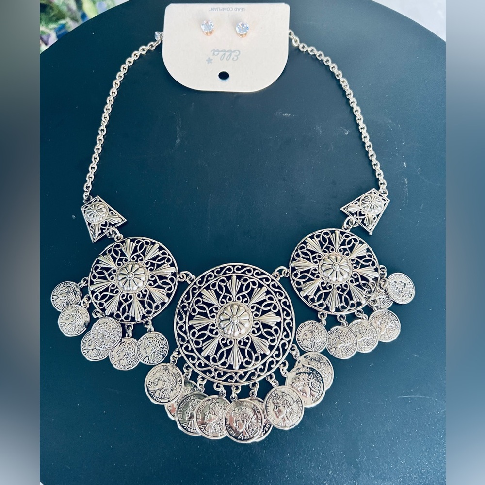 Silver Statement Necklace & Earrings Set
